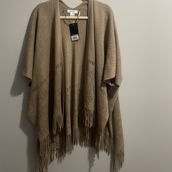 Nine West Mushroom Colored NEW Solid Fringe Topper Open Cardigan One Size - Picture 4 of 8